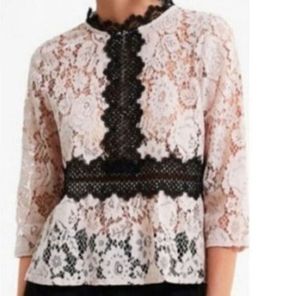 Zara Cream Black High Neck Lace Top Size Large - Picture 1 of 5